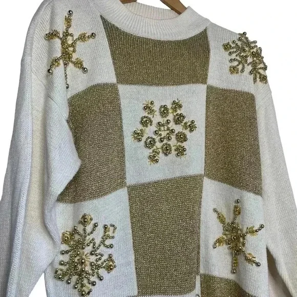 Lew Magrum VINTAGE gold and cream, gold beaded snowflake Christmas sweater SZ-L - Picture 2 of 11